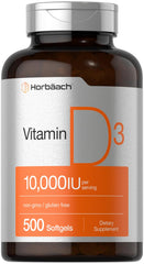 Horbaach Vitamin D3 10,000 IU bottle label highlighting high potency for daily use.