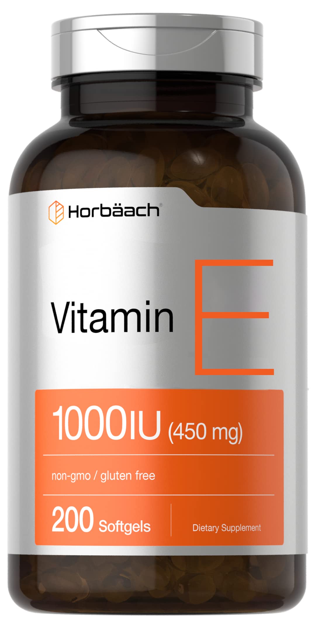 Horbaach Vitamin E 1000 IU softgel bottle supports daily wellness.