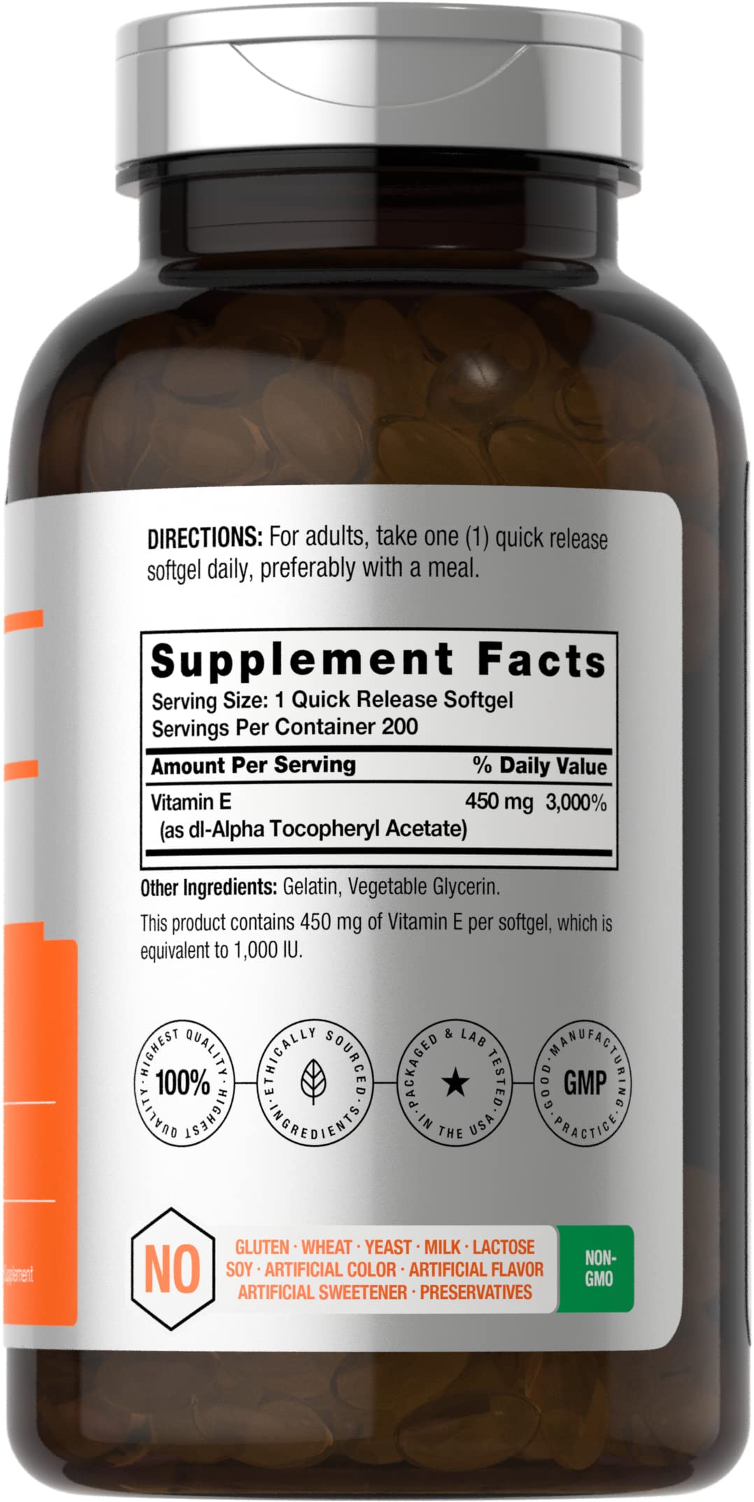 Horbaach Vitamin E 1000 IU softgels poured for easy daily use.