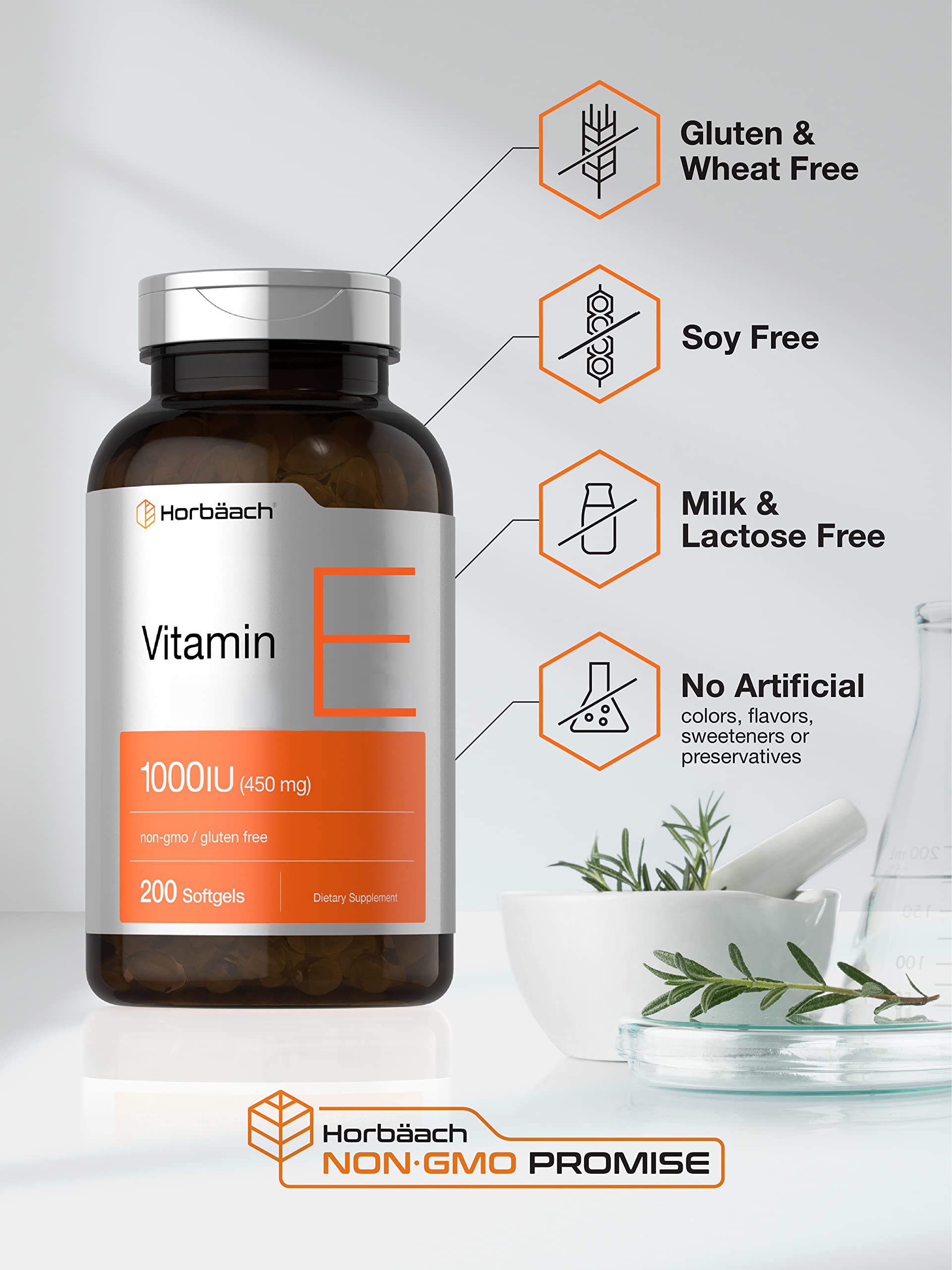 Horbaach Vitamin E label shows 1000 IU strength per softgel.