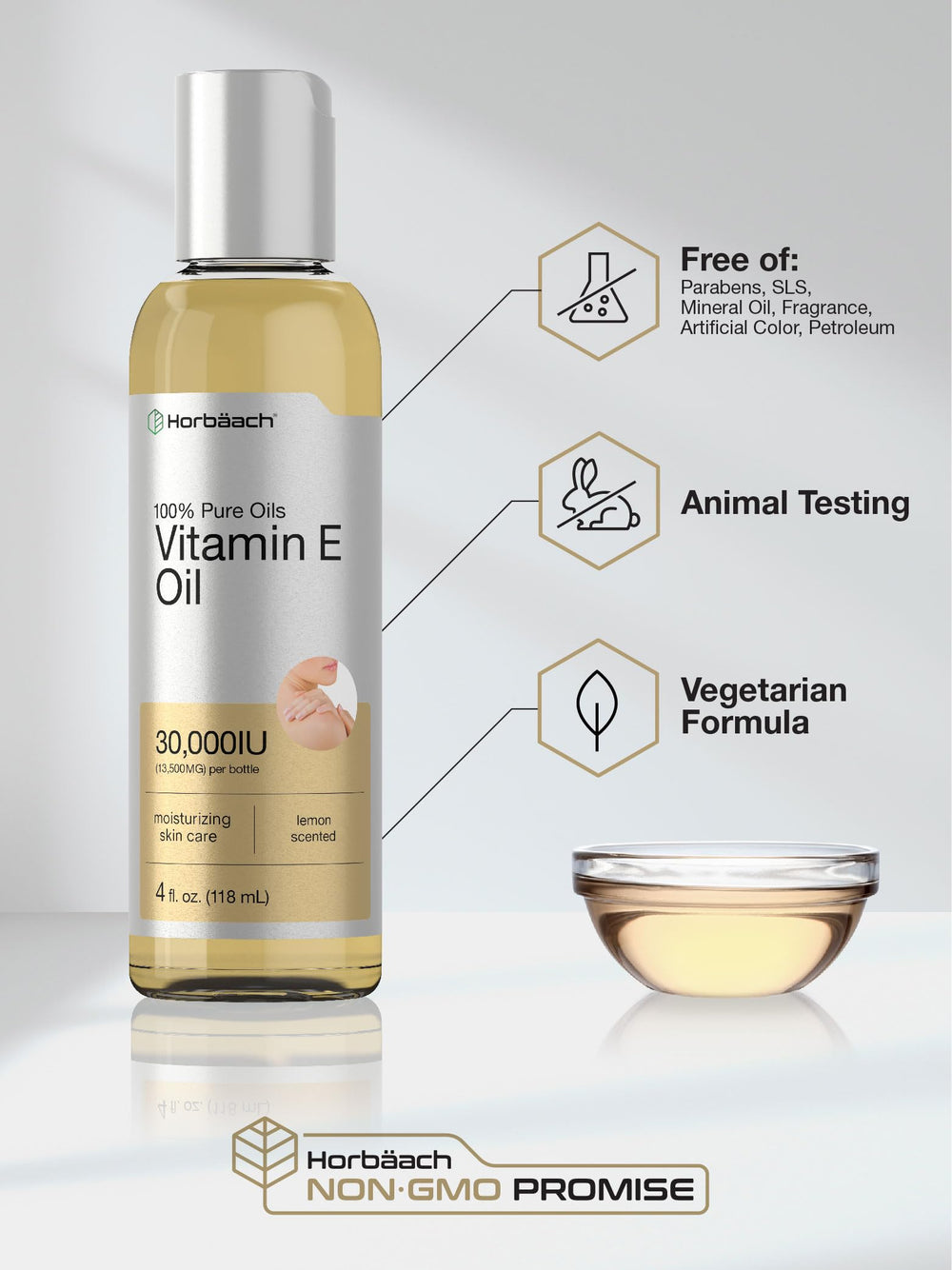 Apply Horbaach Vitamin E Oil for daily skincare routine.