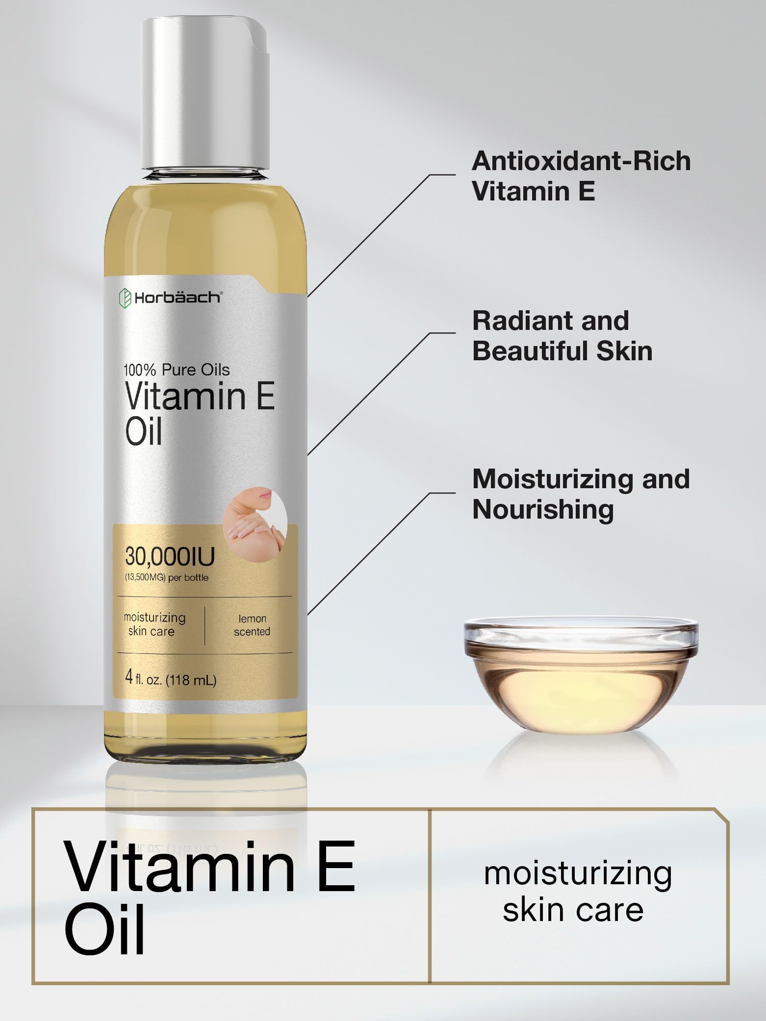 Lemon-scent Horbaach Vitamin E Oil with refreshing fragrance.