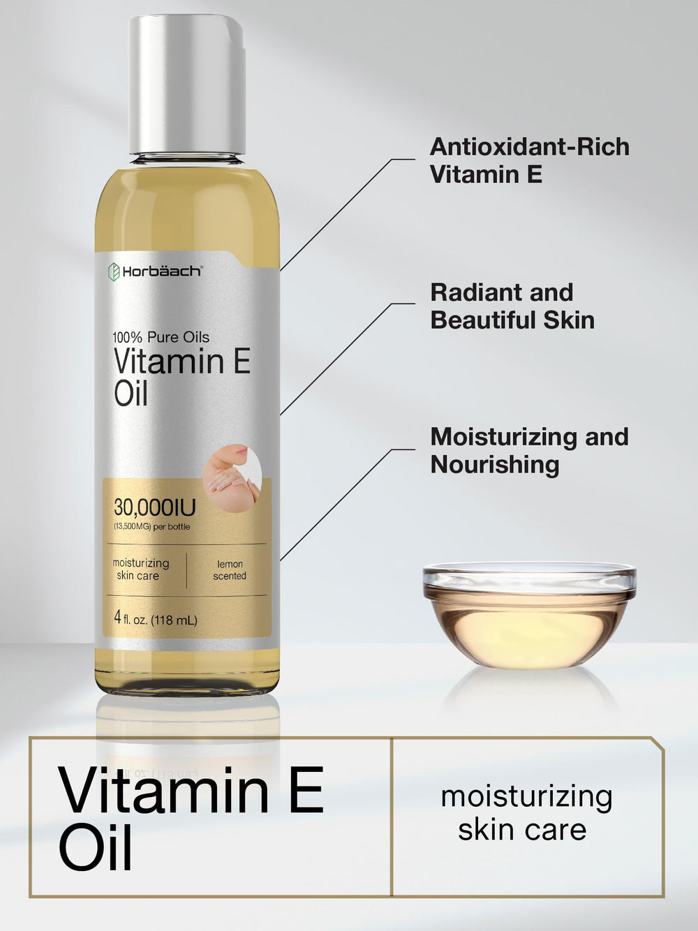 Lemon-scent Horbaach Vitamin E Oil with refreshing fragrance.