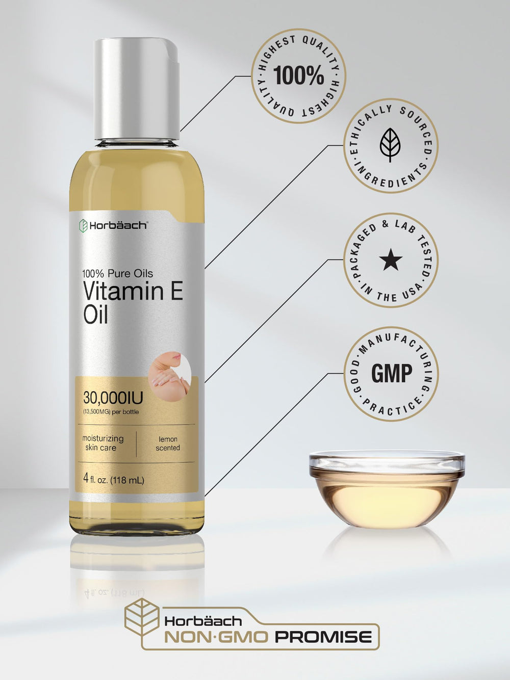 Horbaach Vitamin E Oil packaging highlighting non-GMO formula.