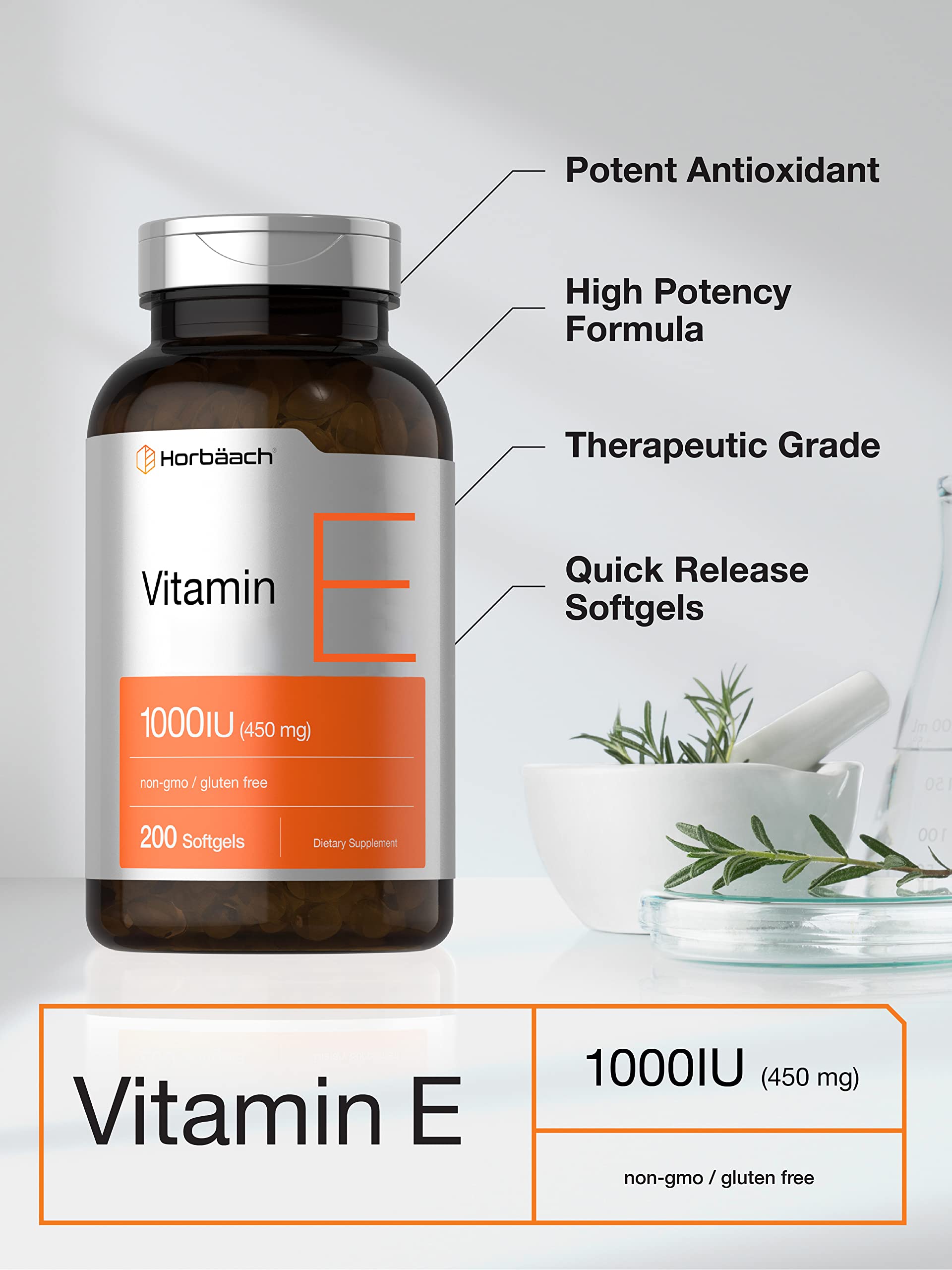 Horbaach Vitamin E softgel capsules highlight gluten-free, non-GMO quality.