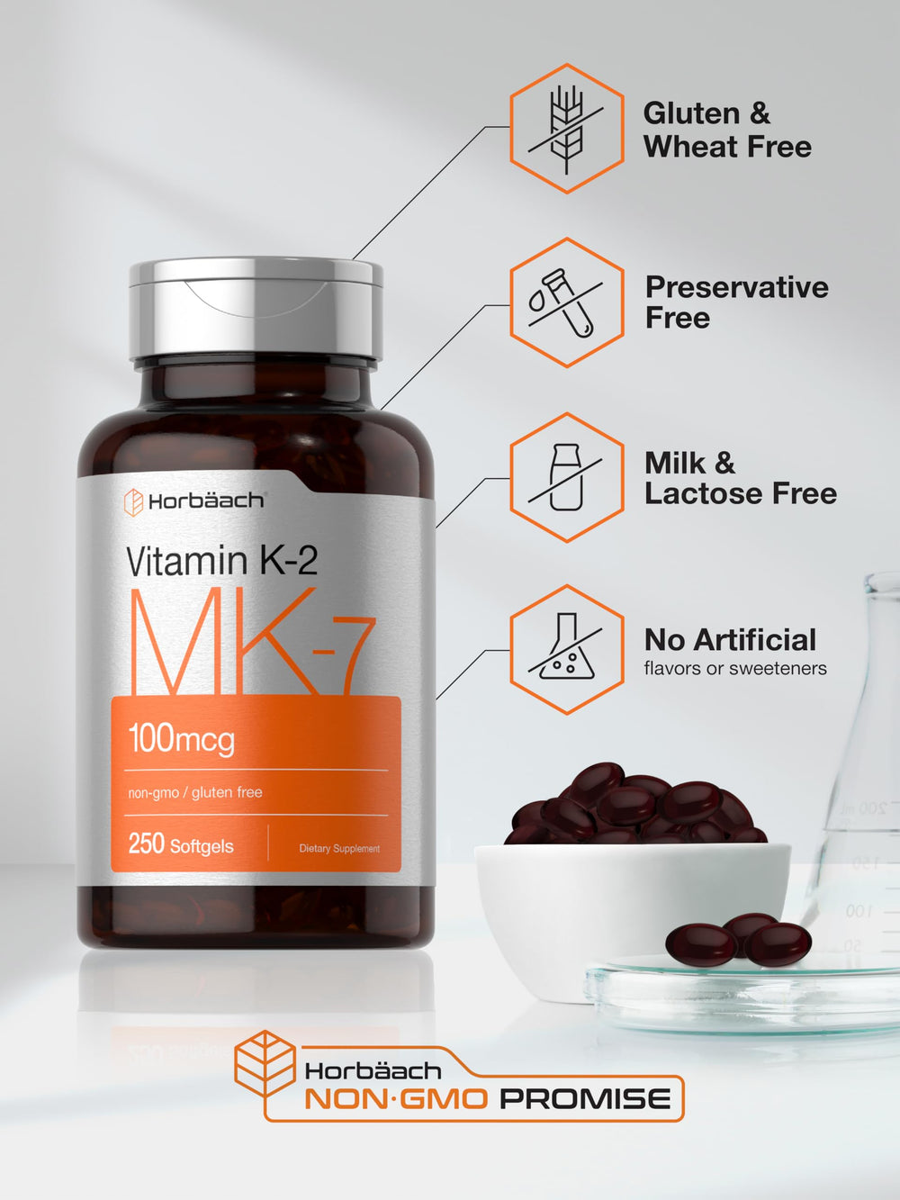 Horbäach Vitamin K2 MK7 bottle top view showing compact daily bottle