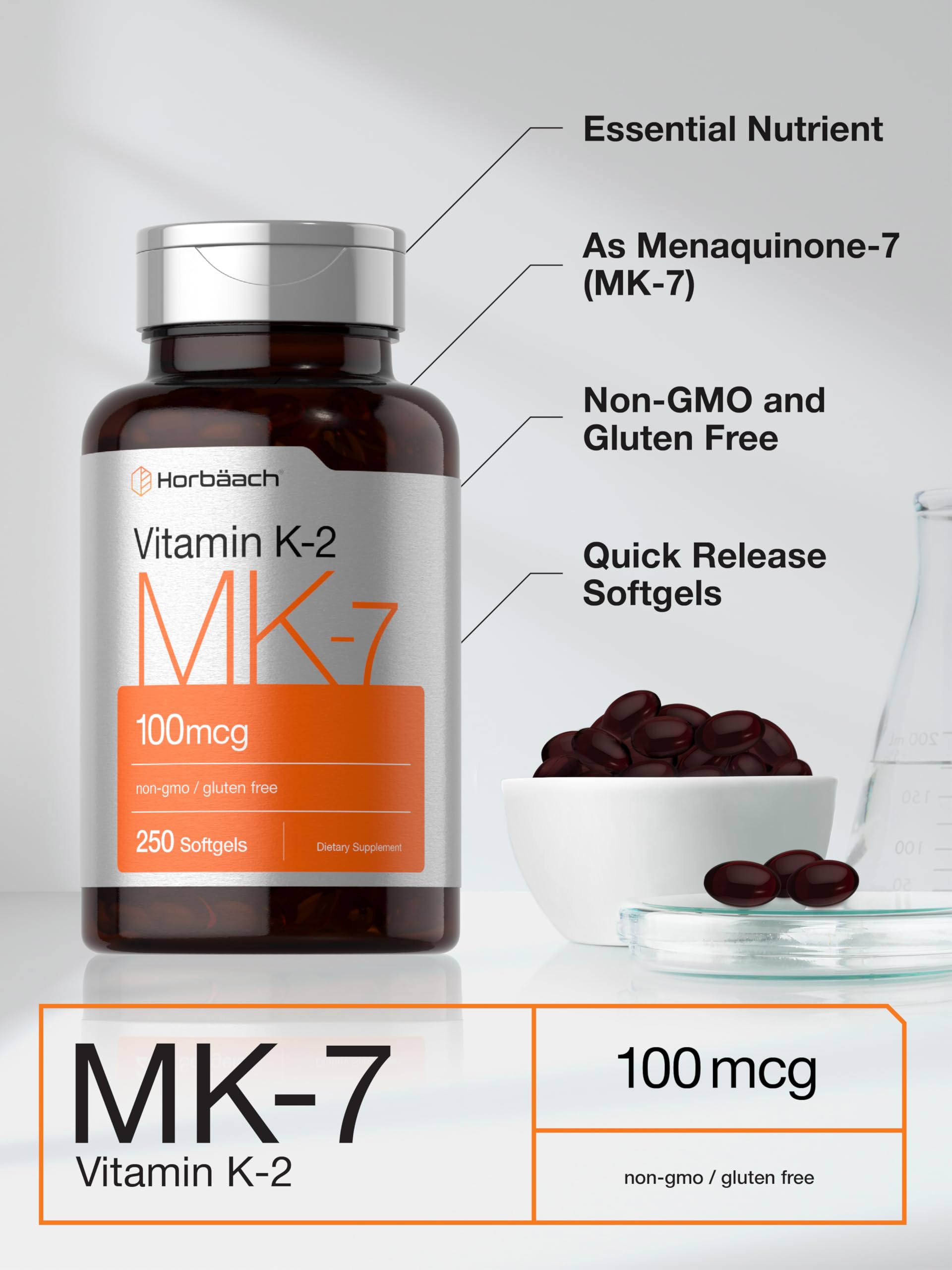 Horbäach Vitamin K2 MK7 gluten-free packaging promotes pure options