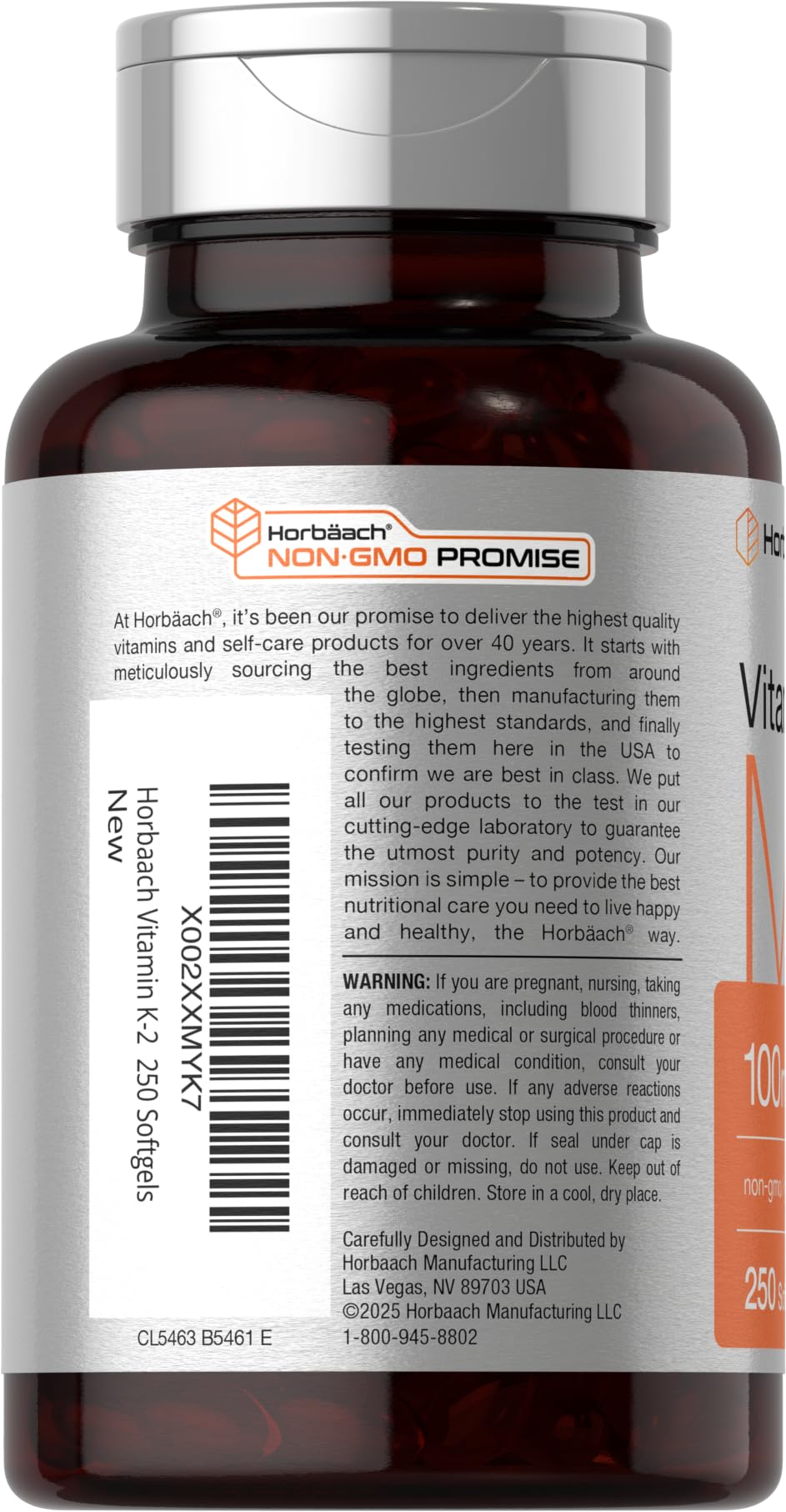 Horbäach Vitamin K2 MK7 label shows non-GMO and gluten-free promise