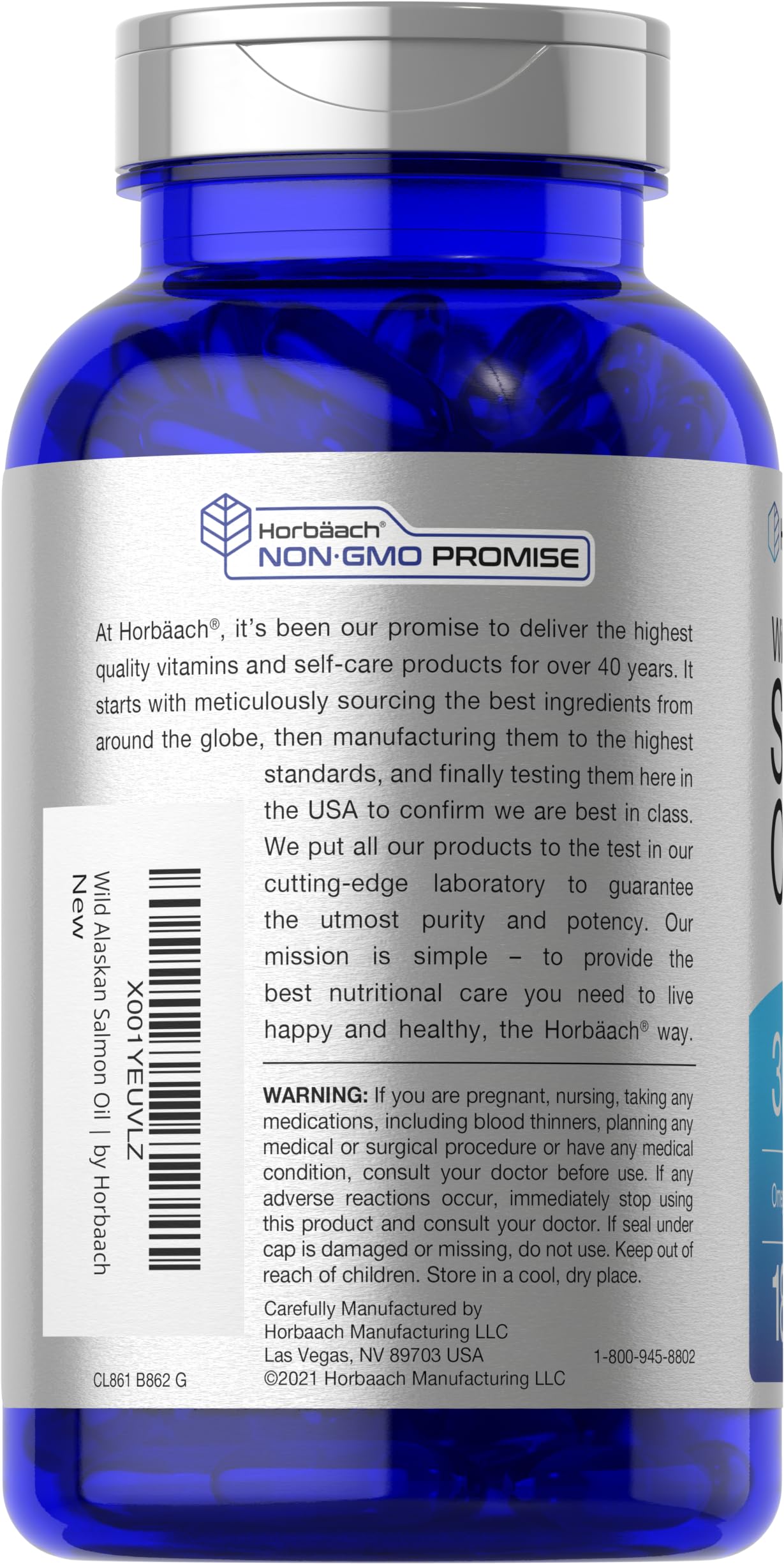 Horbäach Wild Alaskan Salmon Oil label shows gluten-free and non-GMO attributes