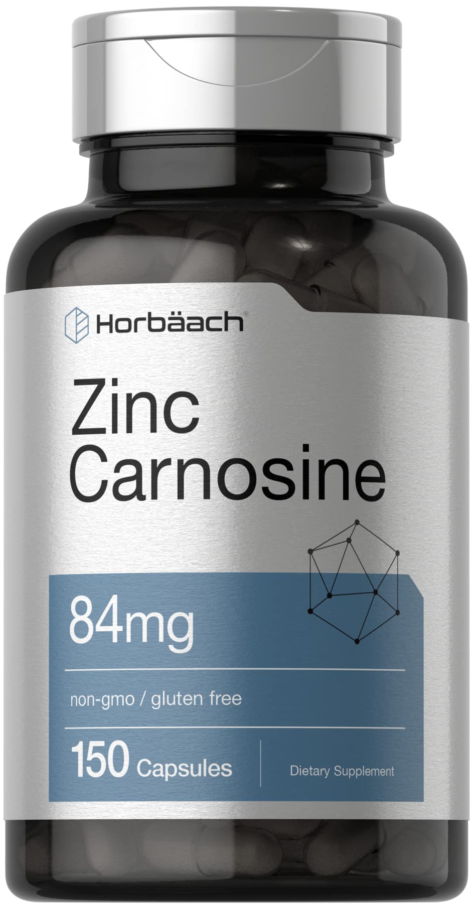 Horbäach Zinc Carnosine bottle front shows non-GMO gluten-free supplement.