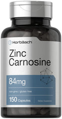 Horbäach Zinc Carnosine bottle front shows non-GMO gluten-free supplement.