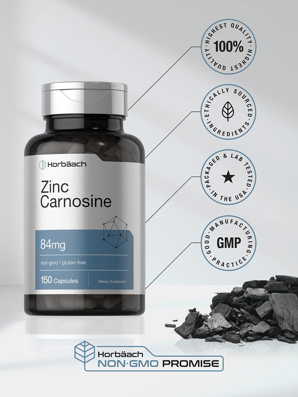 Horbäach Zinc Carnosine dosage panel displays 84 mg per capsule.