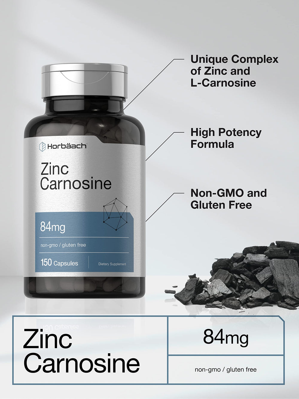 Horbäach Zinc Carnosine label back with dosage and ingredients visible.