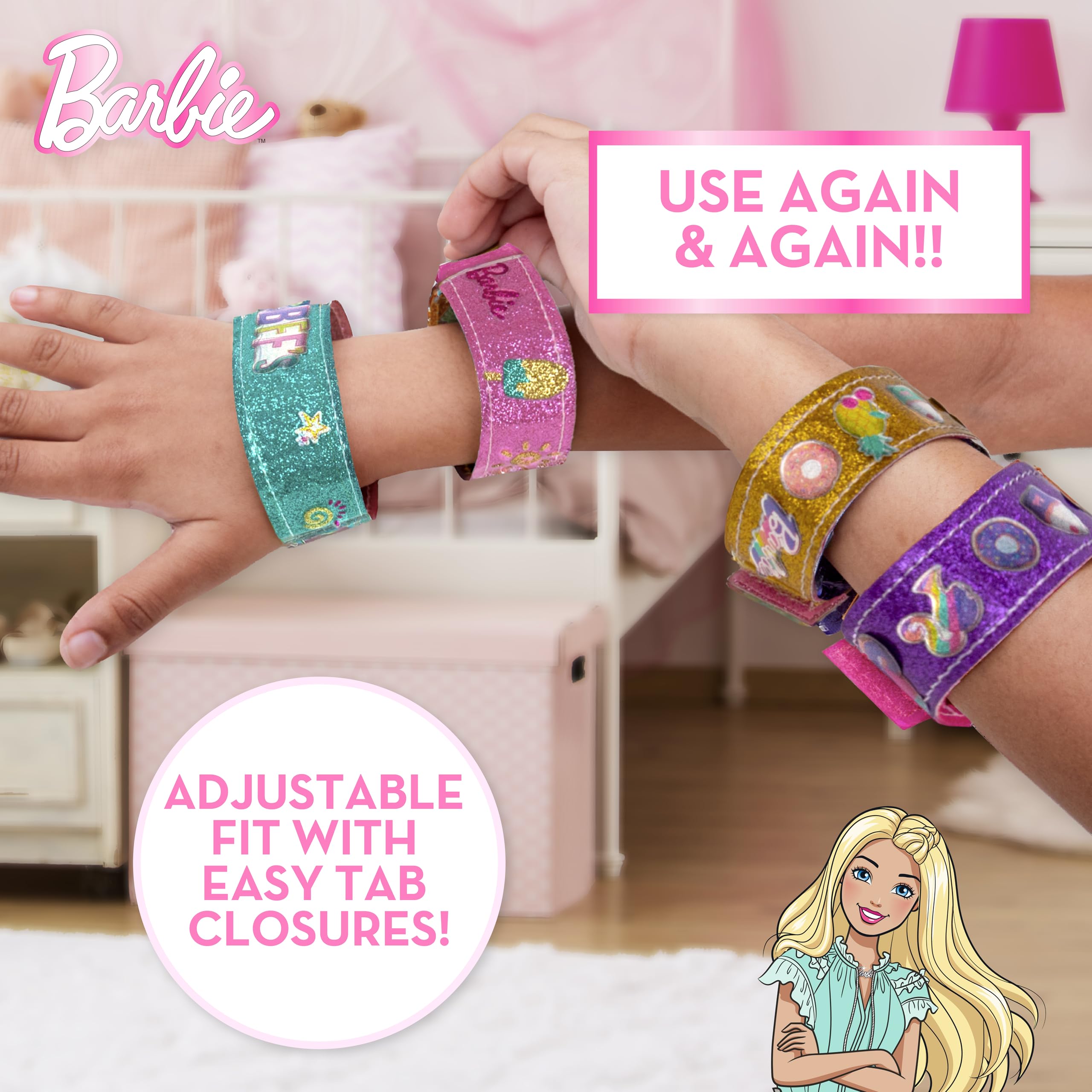 Close-up of 3D resin stickers adding texture to Barbie bracelets.