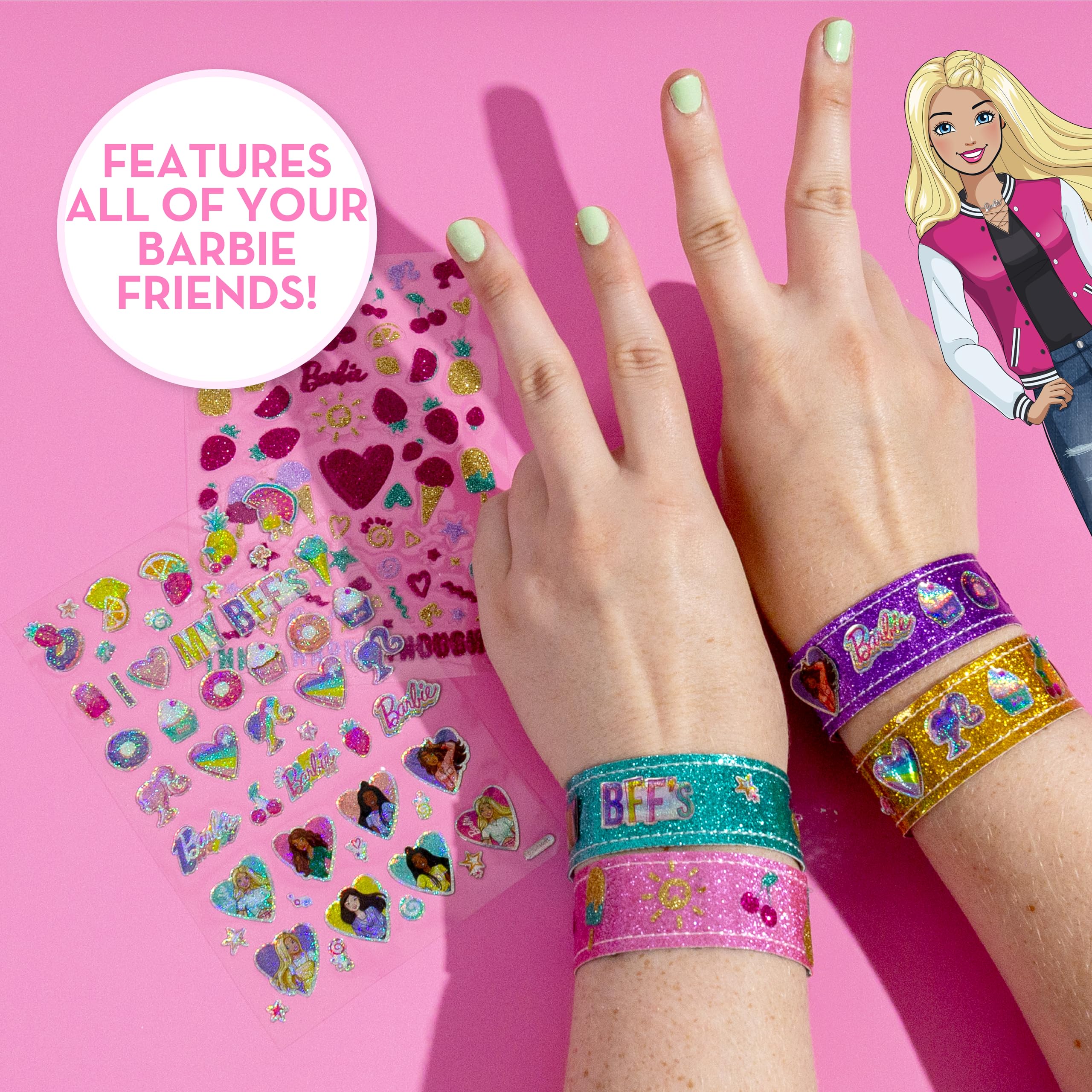 Child-friendly Barbie Sparkle Bracelet kit shown on a wrist display.