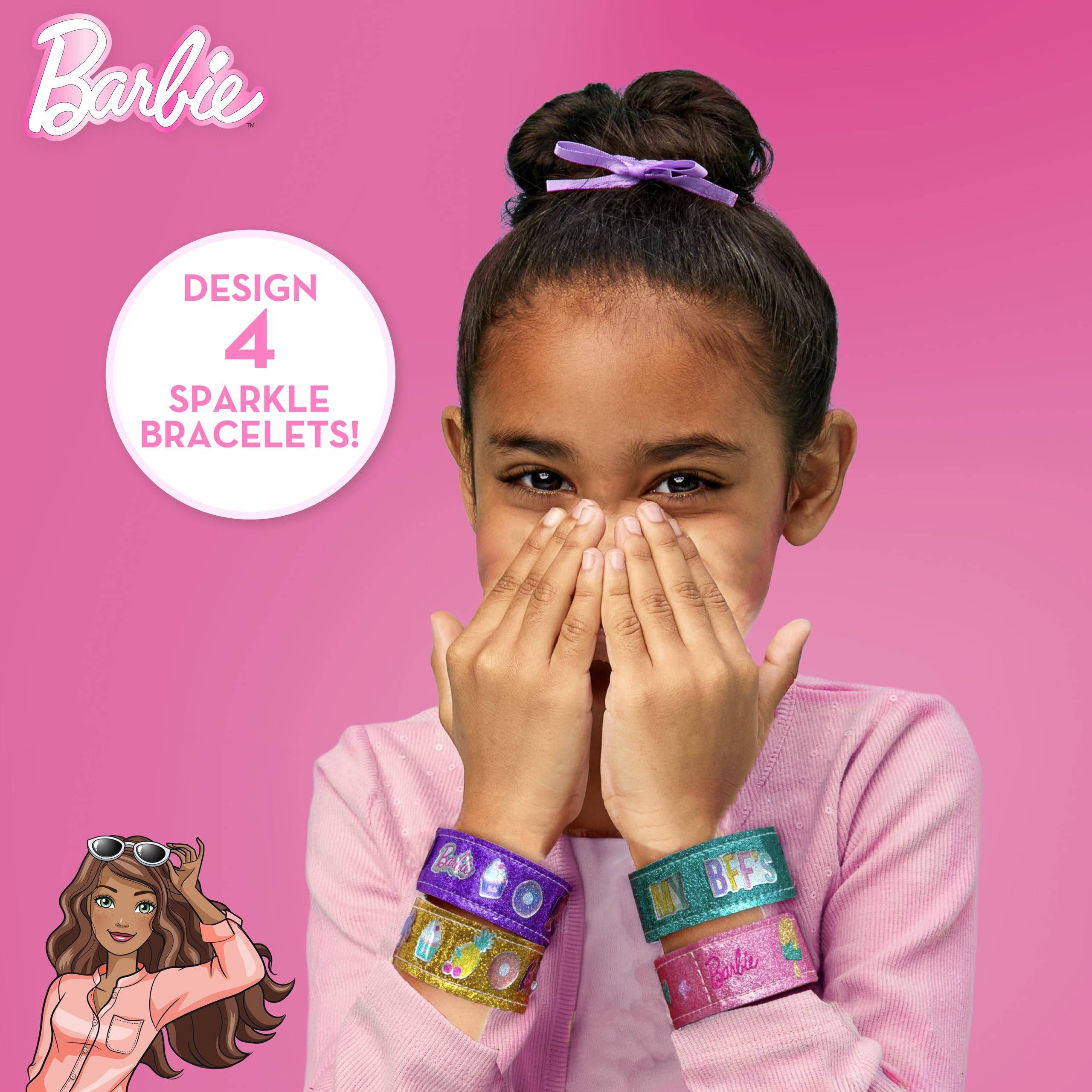 Four reversible Barbie bracelets laid flat showing double-sided glitter designs.