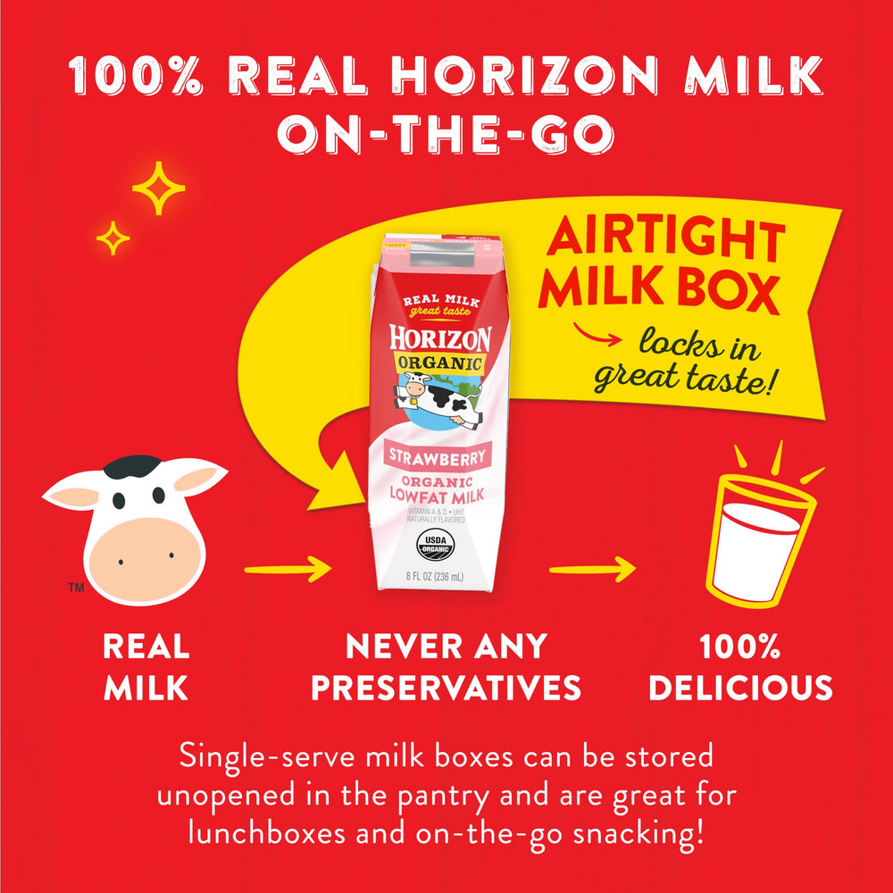 Horizon Organic 1% lowfat milk box nutrition panel shows calcium and vitamins.