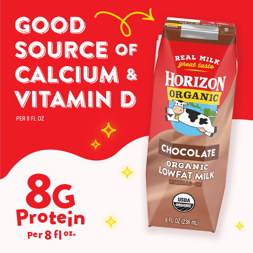 Horizon Organic chocolate milk box in a lunchbox for kids.