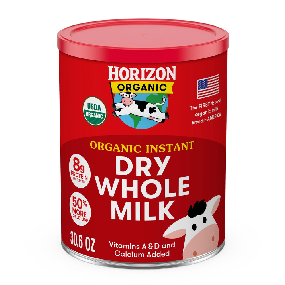 Horizon Organic Instant Dry Whole Milk Powder jar shows pantry-ready, shelf-stable dairy.
