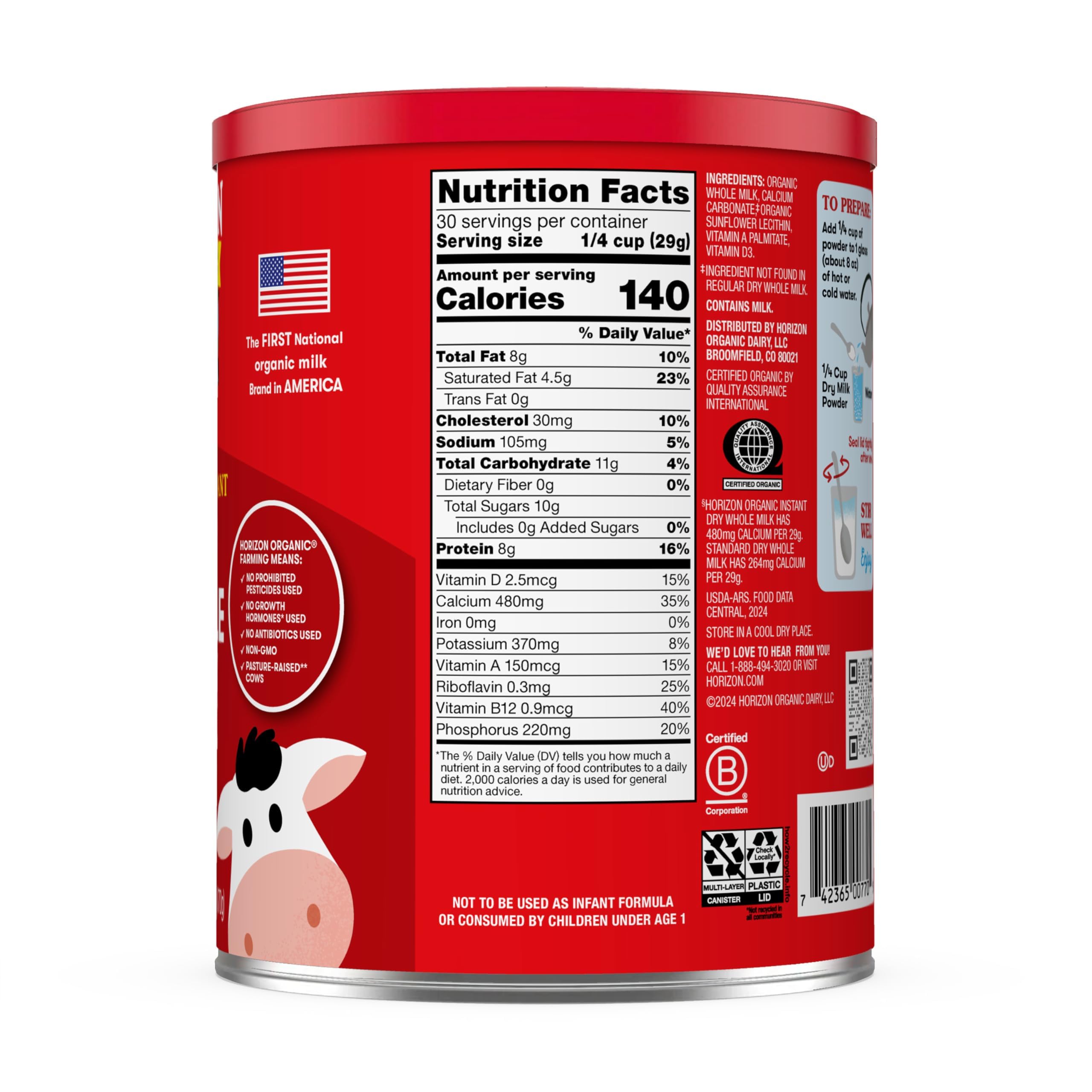 Horizon Organic Instant Dry Whole Milk Powder kitchen scene with measuring scoop.