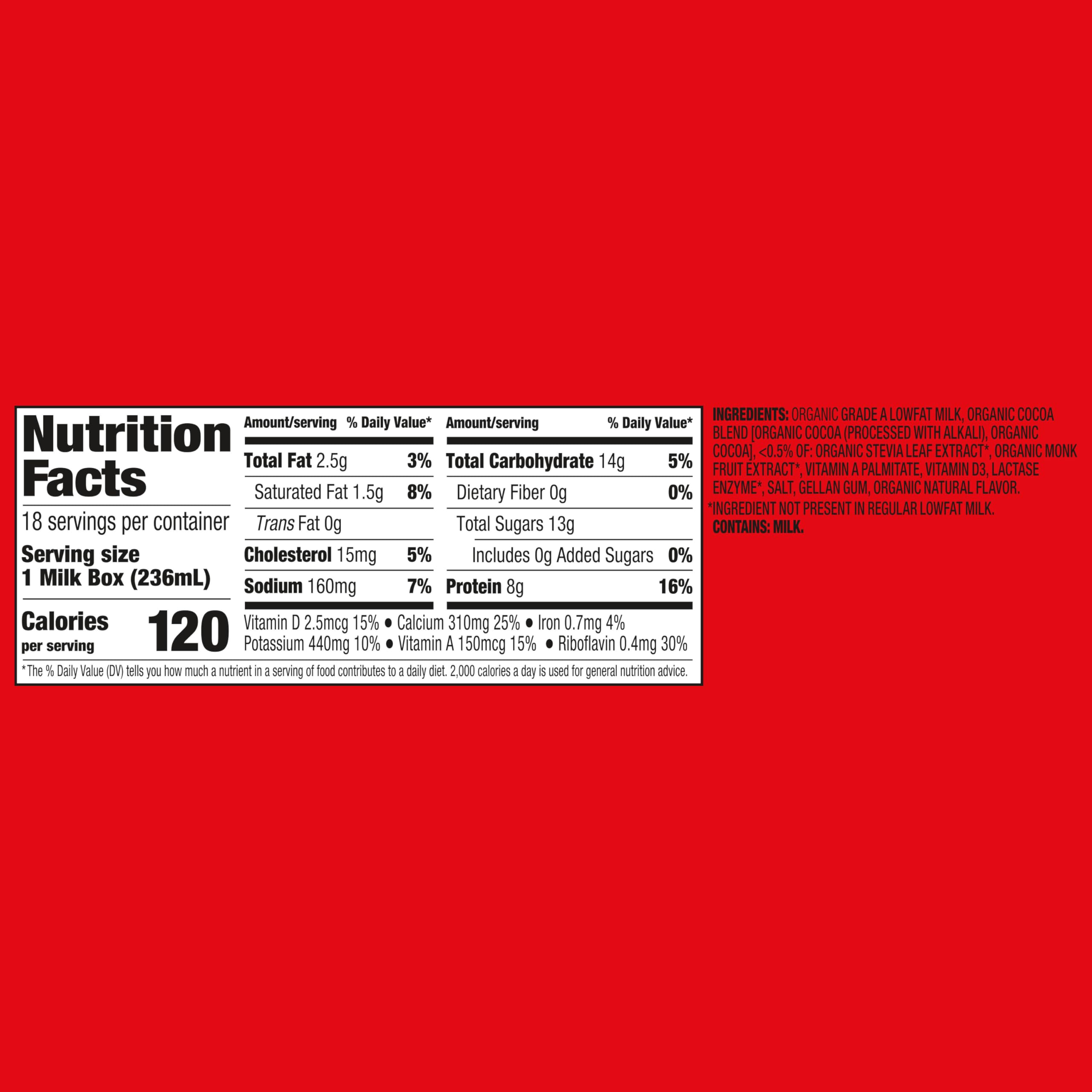 Horizon Organic lactose-free chocolate milk box with 8g protein per serving.