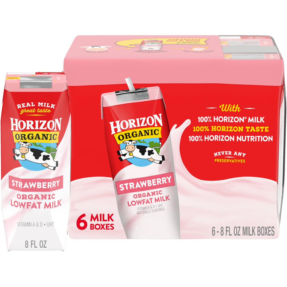 Horizon Organic shelf-stable 1% lowfat strawberry milk box ready for lunchboxes.