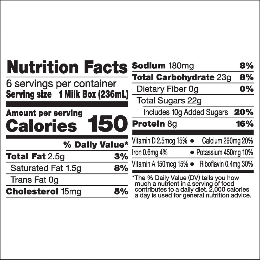 Horizon Organic shelf-stable chocolate milk box back panel with nutrition details.