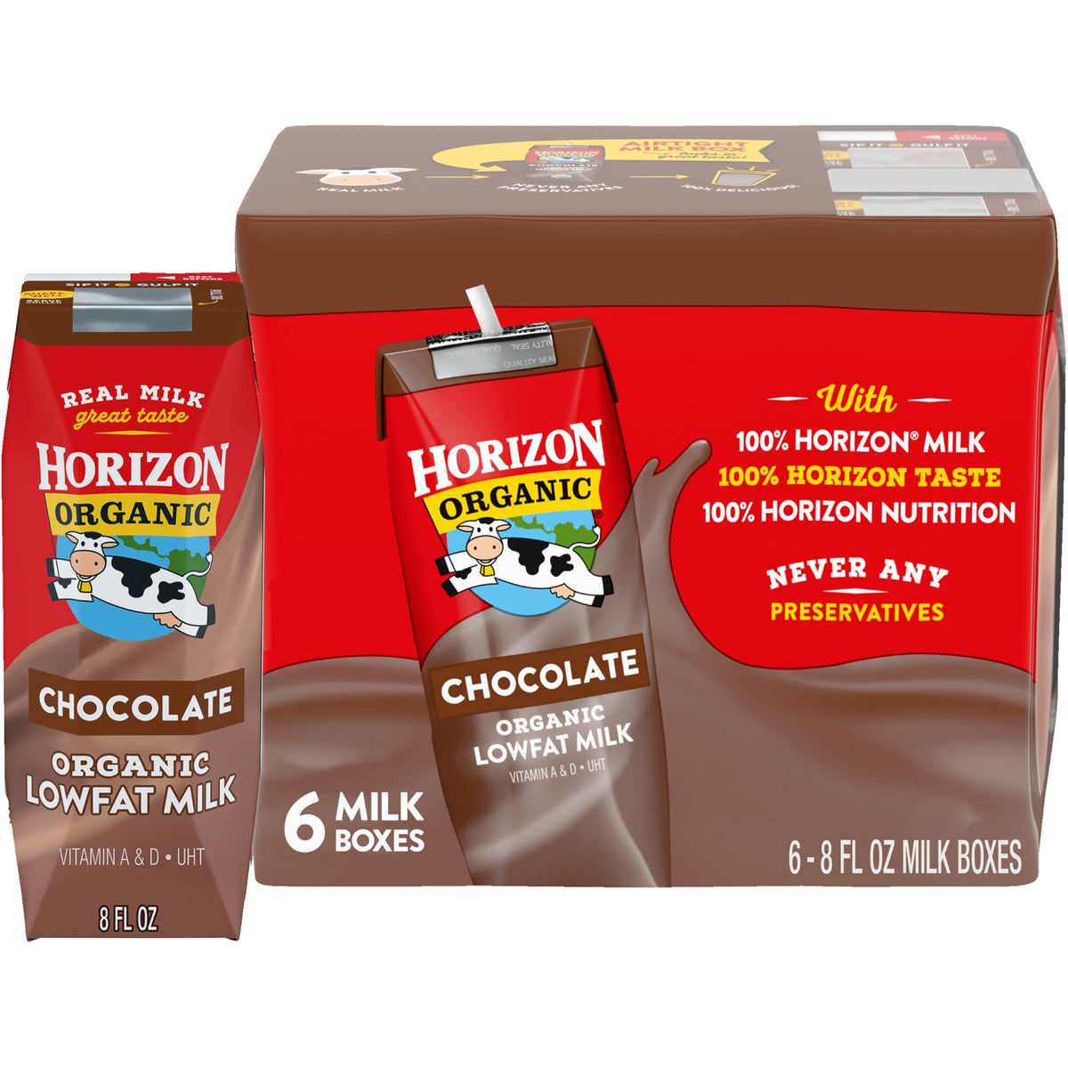 Horizon Organic shelf-stable chocolate milk box front view, ideal for lunchboxes.