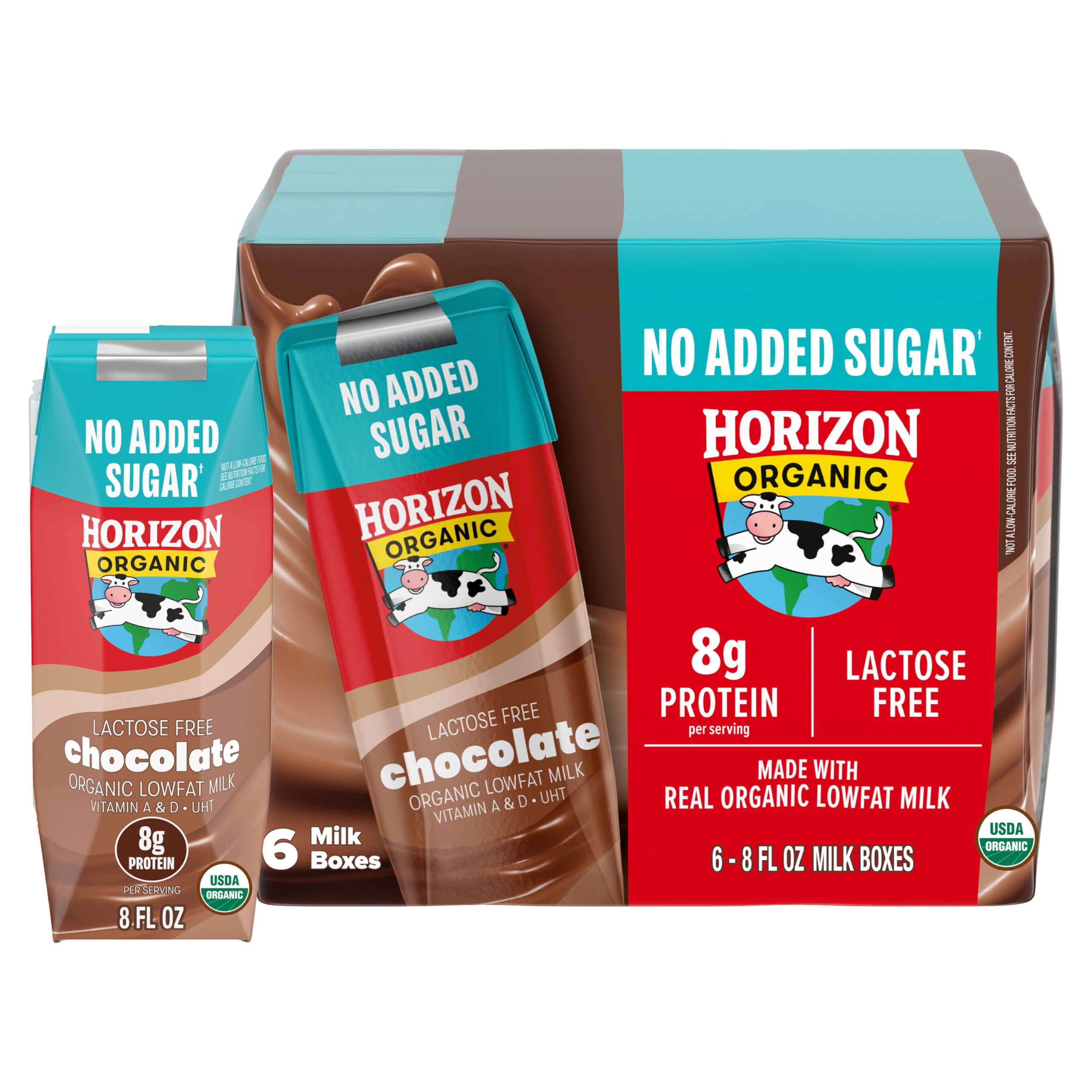 Horizon Organic lactose-free chocolate milk box front view, ready to pack in a lunchbox
