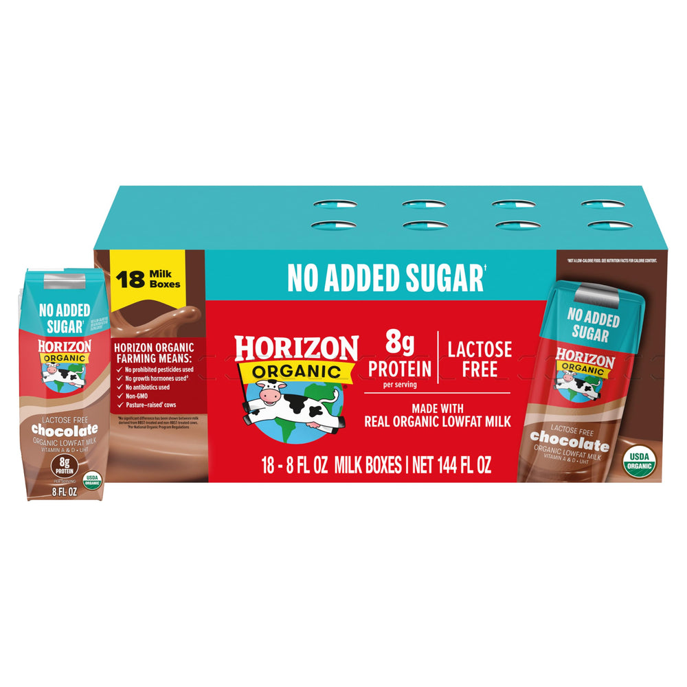 Horizon Organic shelf-stable lactose-free chocolate milk box for lunchboxes, no refrigeration needed.