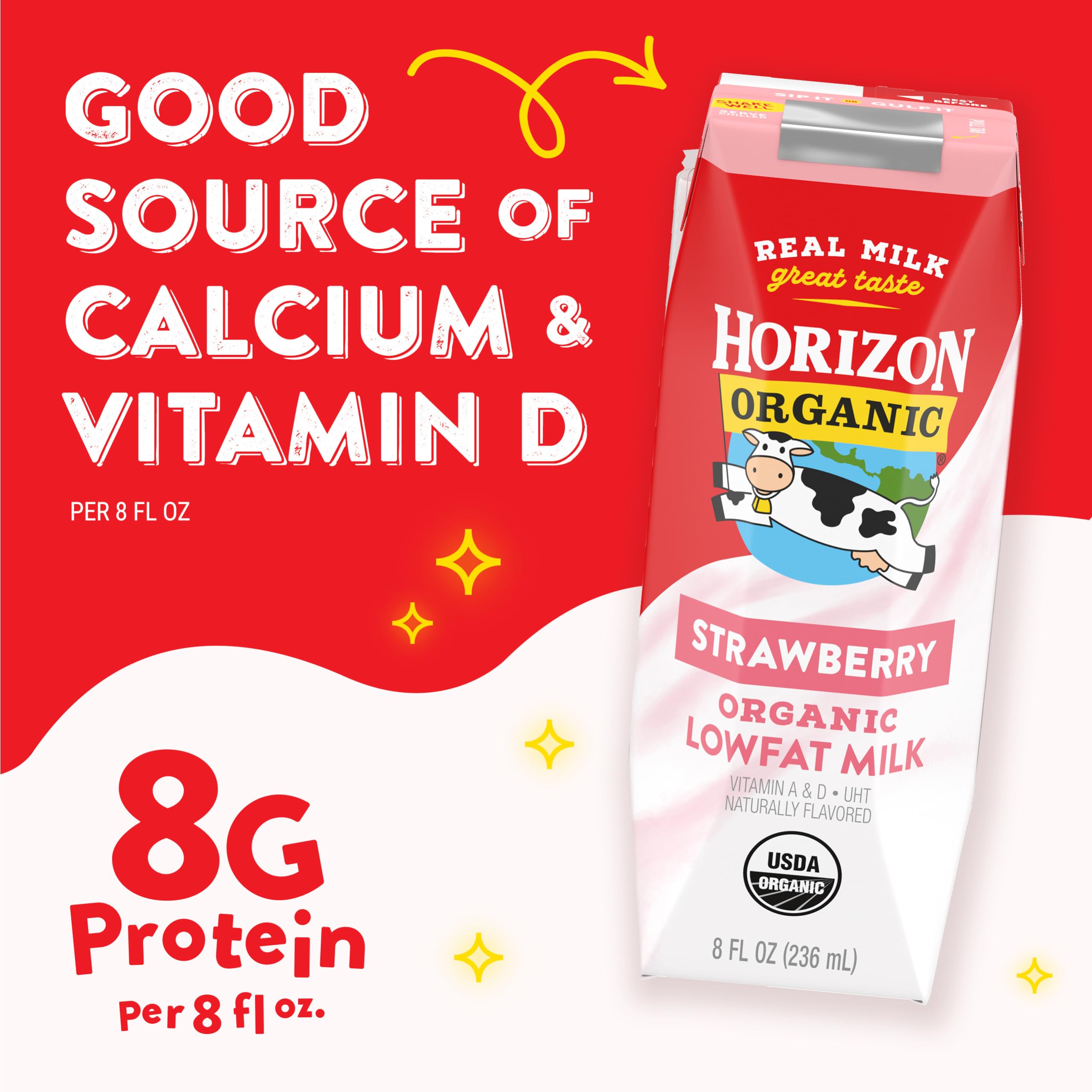 Horizon Organic strawberry milk box open pour for quick servings.