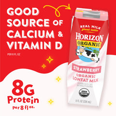 Horizon Organic strawberry milk box open pour for quick servings.