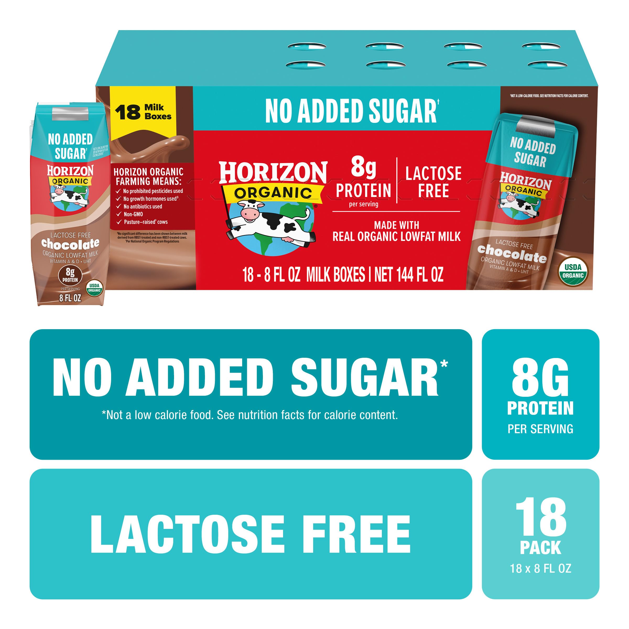 Horizon Organic UHT pasteurized chocolate milk box with long shelf life.