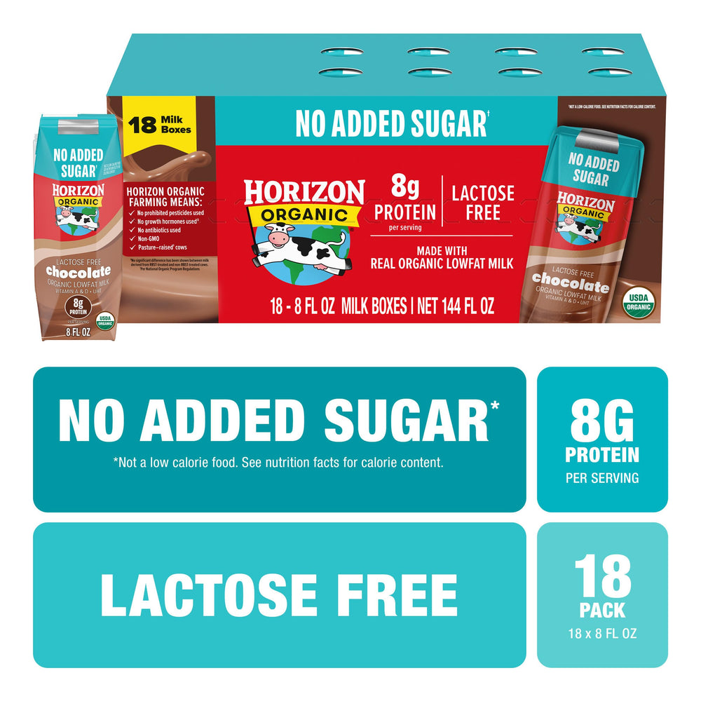 Horizon Organic UHT pasteurized chocolate milk box with long shelf life.