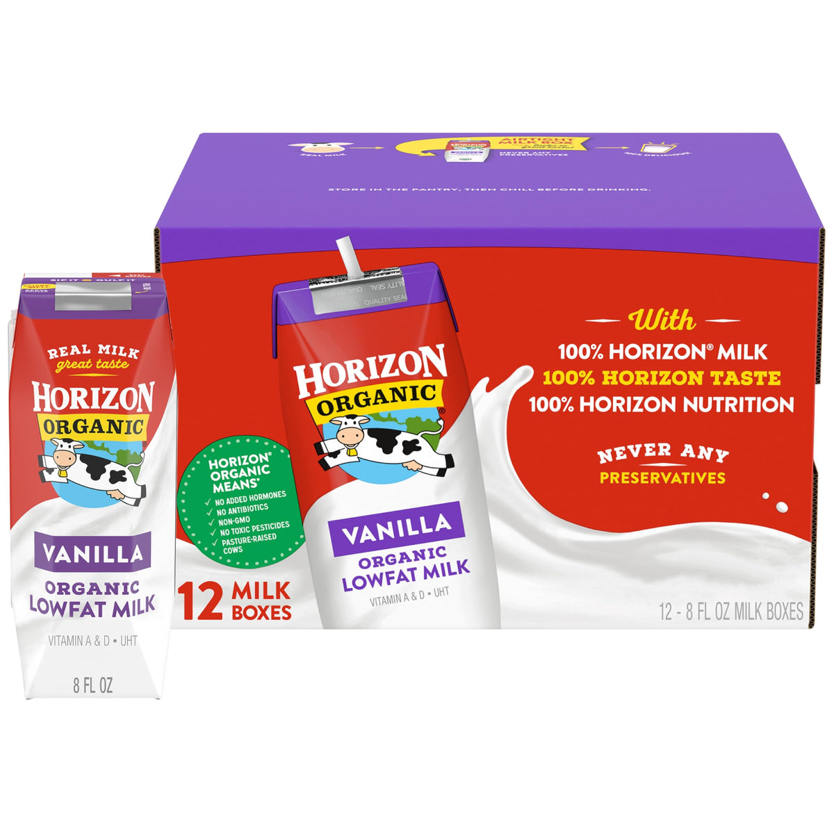 Horizon Organic vanilla milk box on the go, convenient protein for busy days.