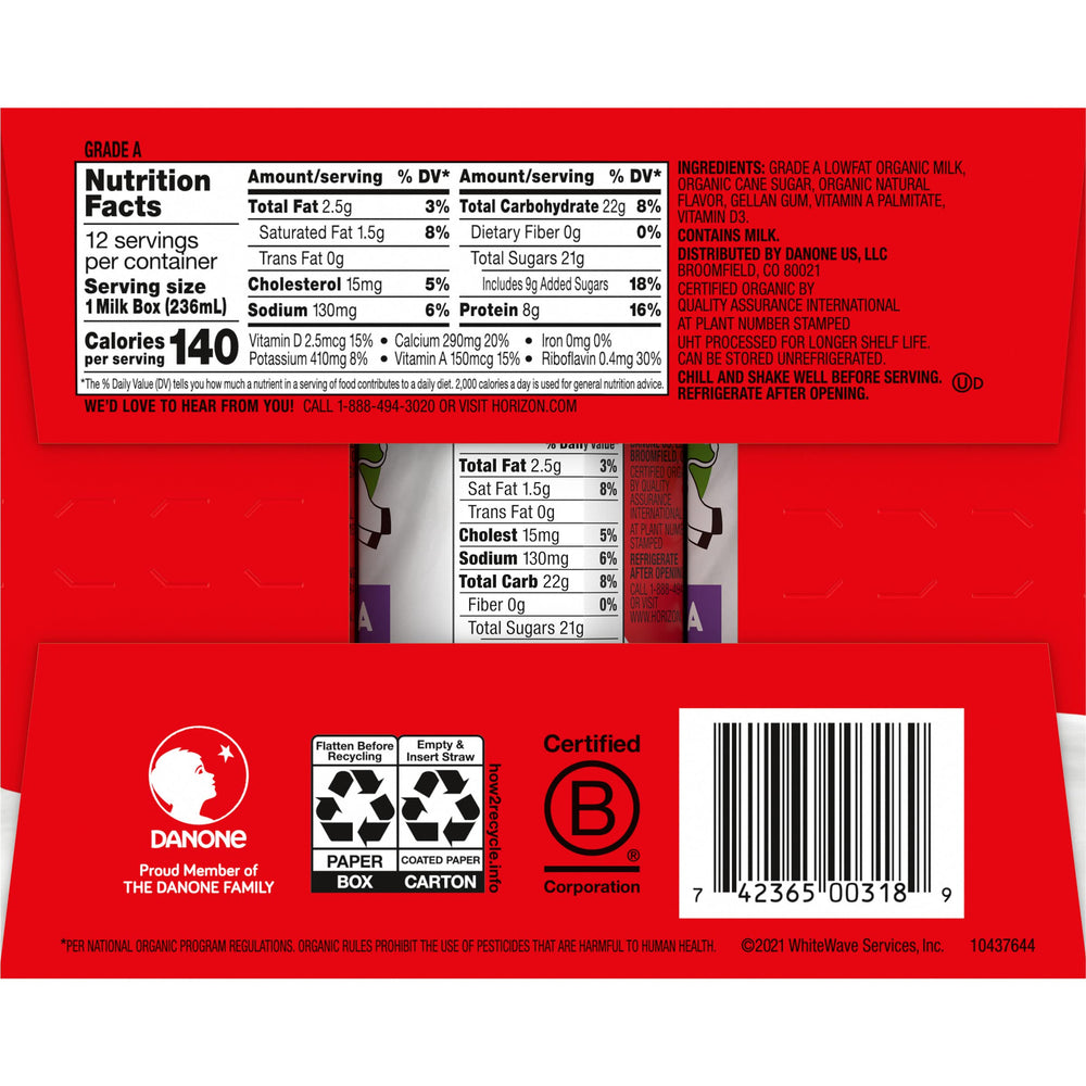Horizon Organic vitamin A and D calcium in vanilla milk box for nutrition.