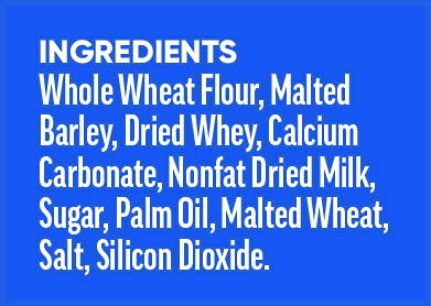Horlicks malted milk powder ingredients label, highlighting malted barley and dairy sources.