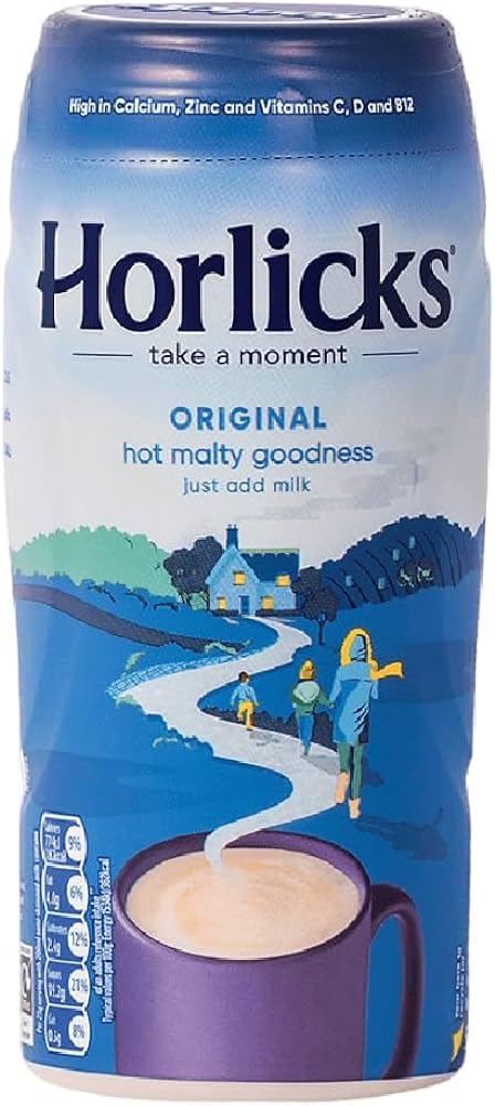 Horlicks malted milk powder with scoop pouring, ideal for a comforting before-bed drink.