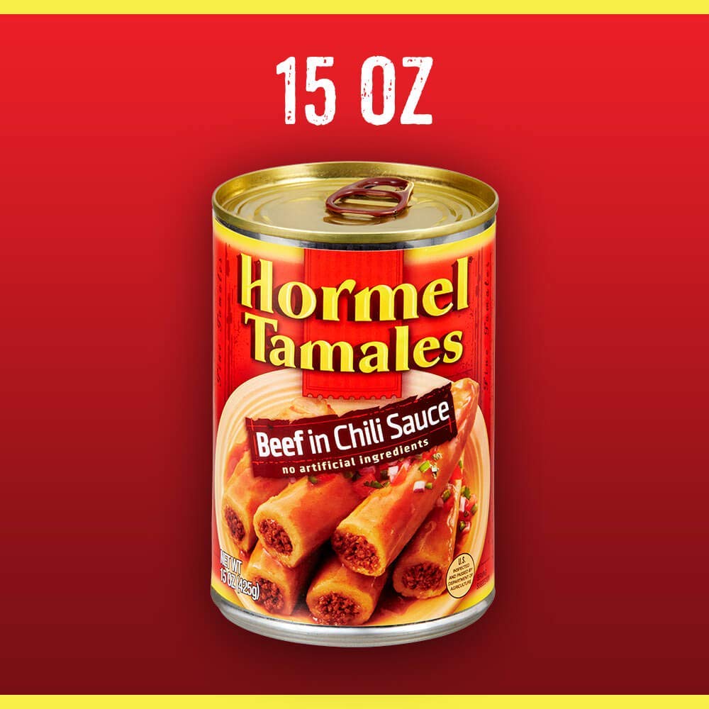 Hormel Beef Tamales on pantry shelf, ready-to-eat option.