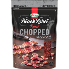 Hormel Black Label chopped bacon crumbs in a resealable pouch for easy snacking.