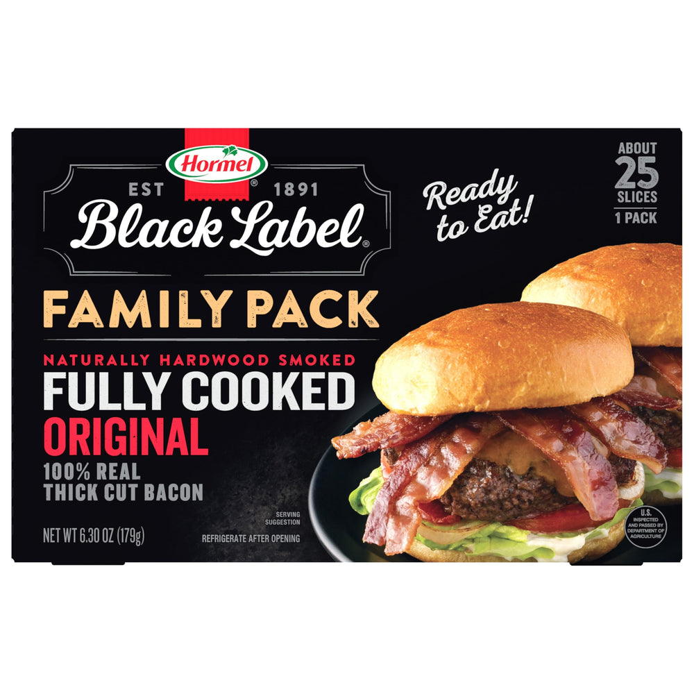 Hormel Black Label thick cut bacon slices, ready to eat.