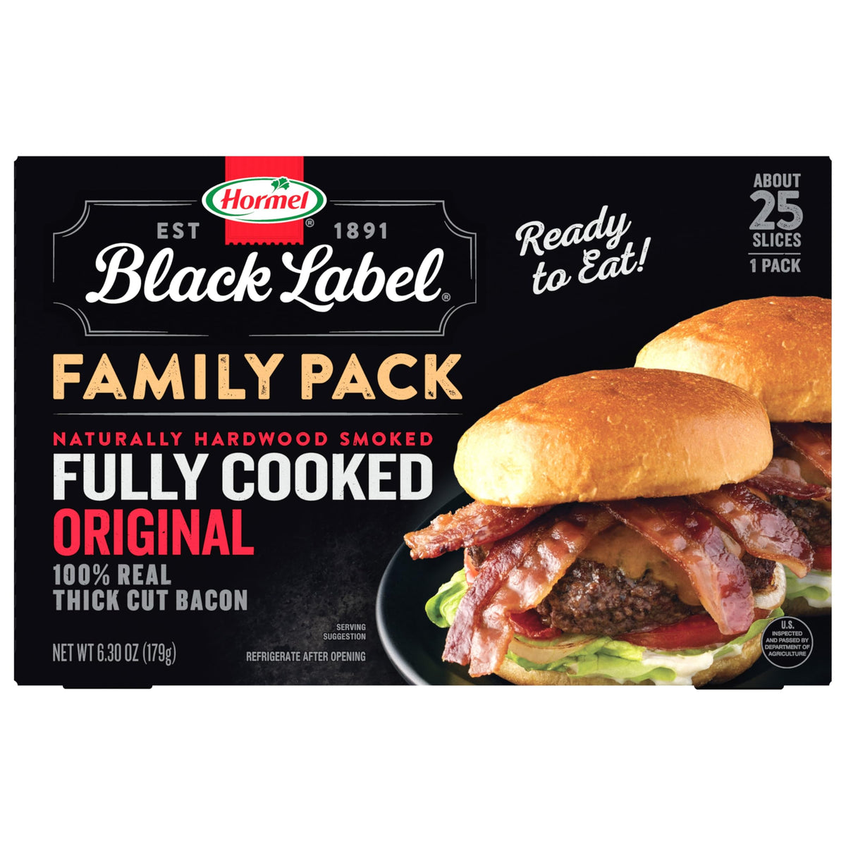 Hormel Black Label thick cut bacon slices, ready to eat.