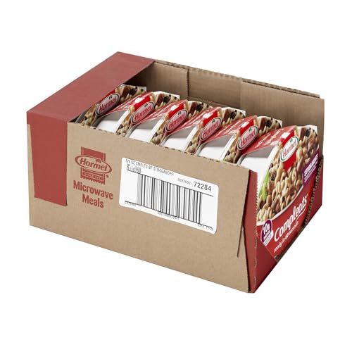 Six-pack of HORMEL COMPLEATS Beef Stroganoff trays for pantry-stable meals.