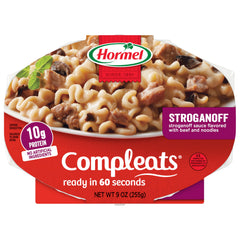 HORMEL COMPLEATS Beef Stroganoff tray ready for microwave, quick dinner option.