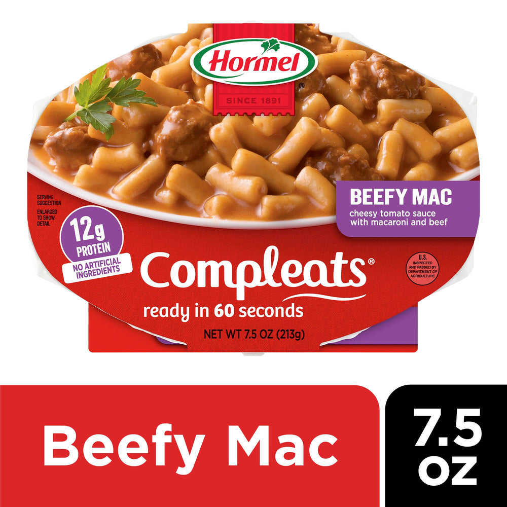 HORMEL COMPLEATS Beefy Mac Cheese beef chunks visible in sauce