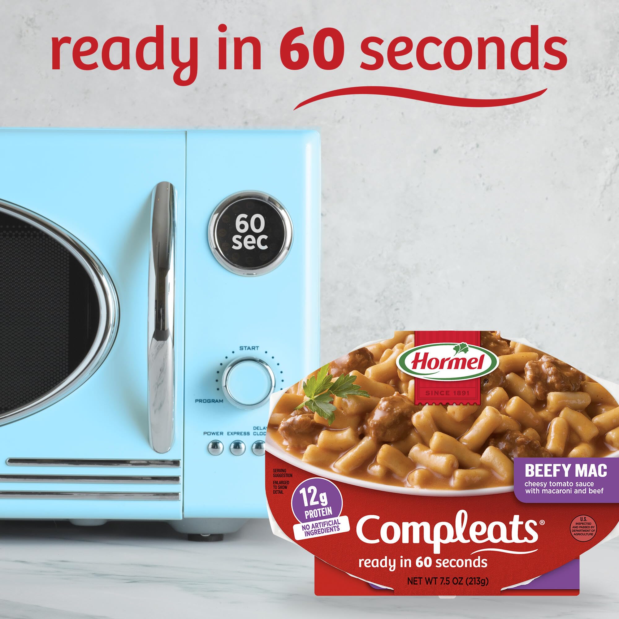 HORMEL COMPLEATS Beefy Mac Cheese pack of seven trays shown together