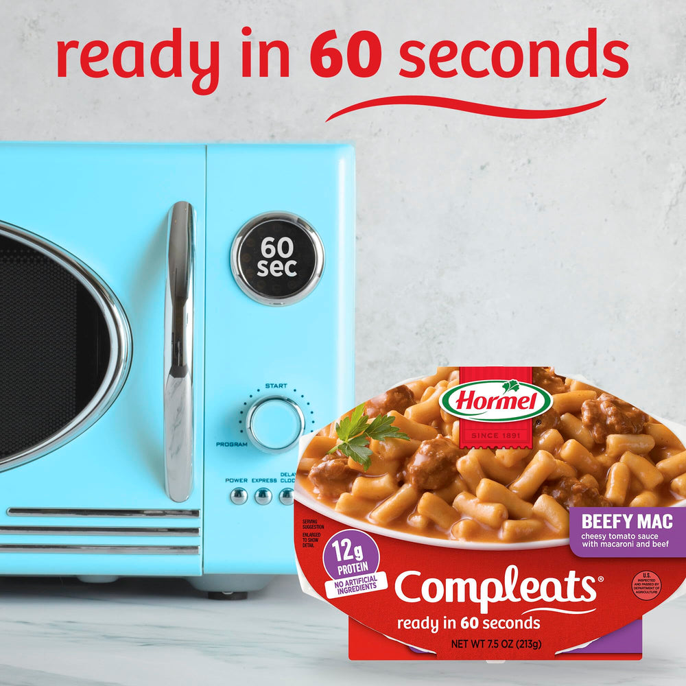 HORMEL COMPLEATS Beefy Mac Cheese pack of seven trays shown together