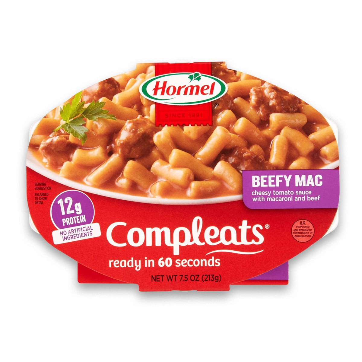 HORMEL COMPLEATS Beefy Mac Cheese tray open with steaming pasta ready to eat