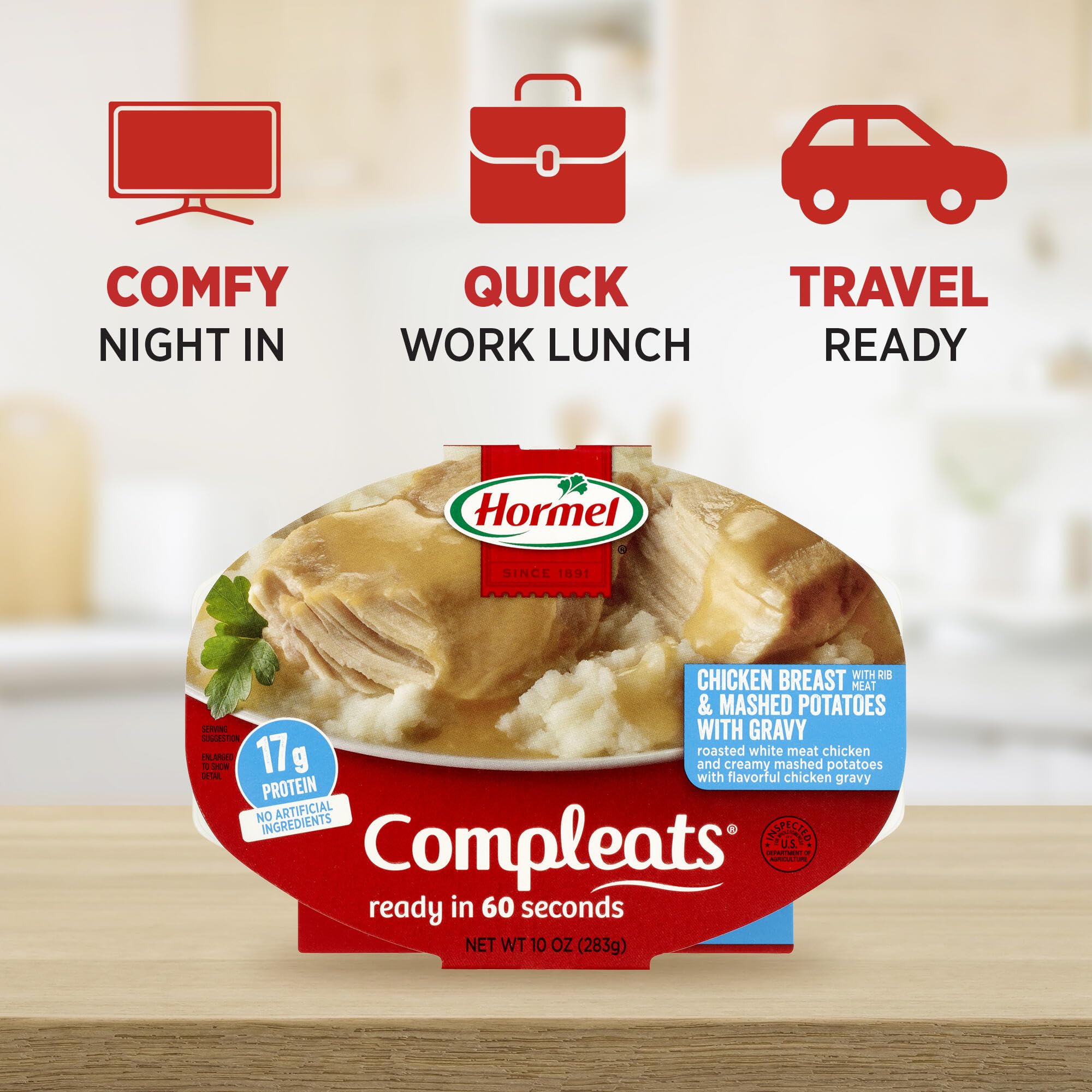Hormel Compleats mashed potatoes closeup; comforting homestyle sides.