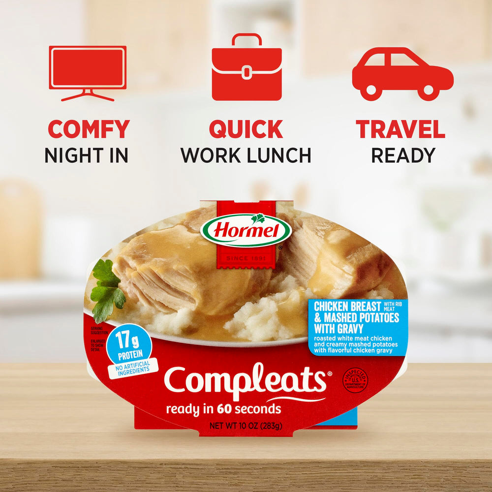 Hormel Compleats mashed potatoes closeup; comforting homestyle sides.